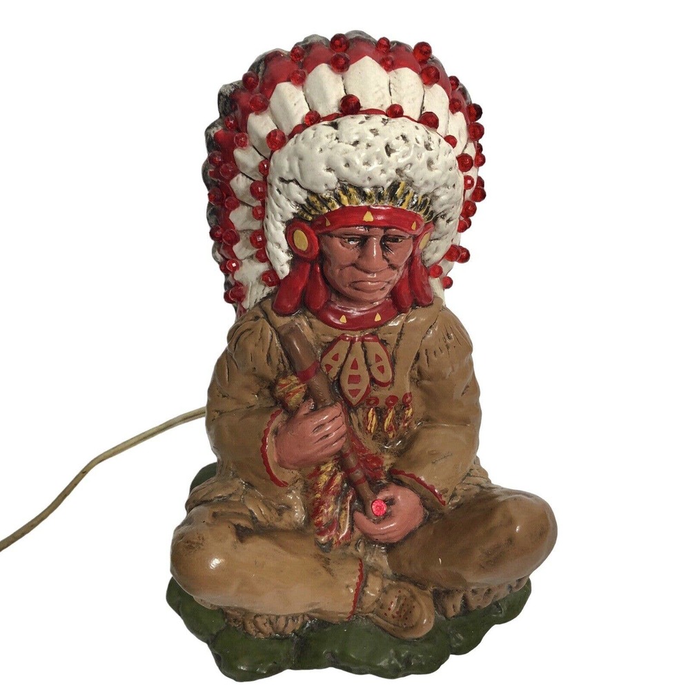 Vintage Night Light Native American Seated Indian Chief Ceramic Peace Pipe
